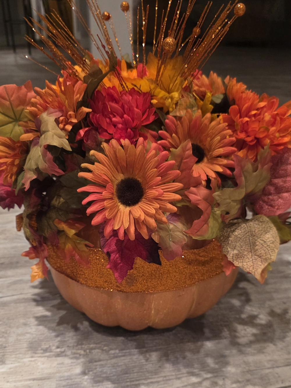 Source Unknown Orange and Gold Autumn Pumpkin Floral Arrangement